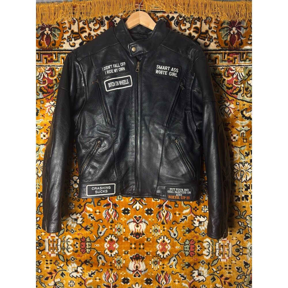 Vintage Black Leather Motorcycle Jacket with Custom Patches and Quilted Lining
